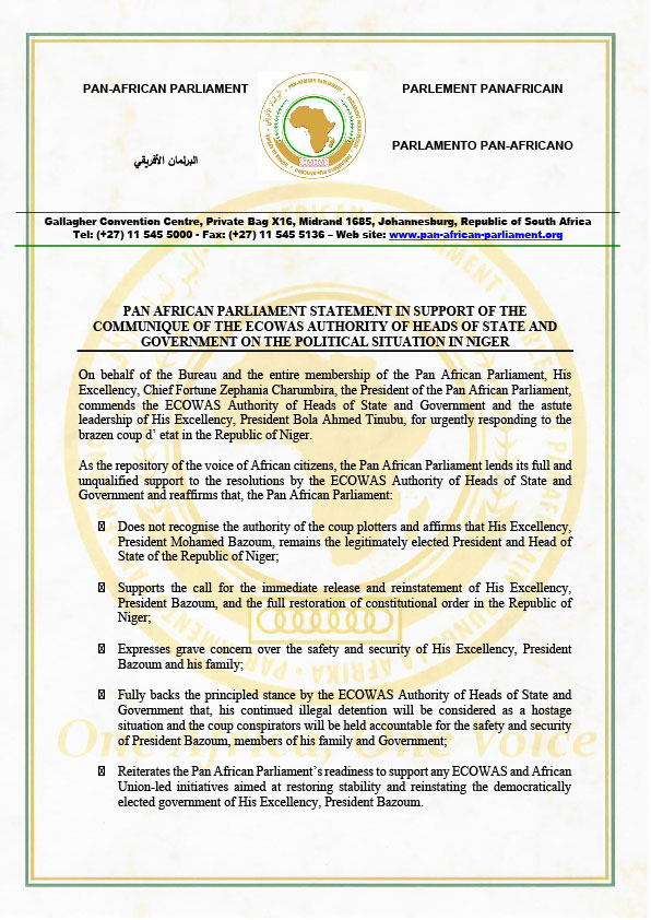Pan-African Parliament statement in support of the communique of the ECOWAS Authority of Heads of State and Government on the political situation in Niger