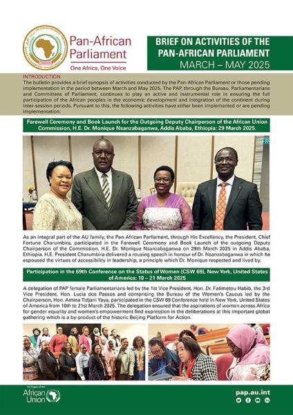 BRIEF ON ACTIVITIES OF THE PAN AFRICAN PARLIAMENT - MARCH – MAY 2025